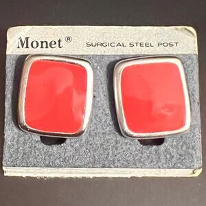 Monet Vintage Red-Orange Enamel Square Stud Earrings Silver Tone Surgical Steel